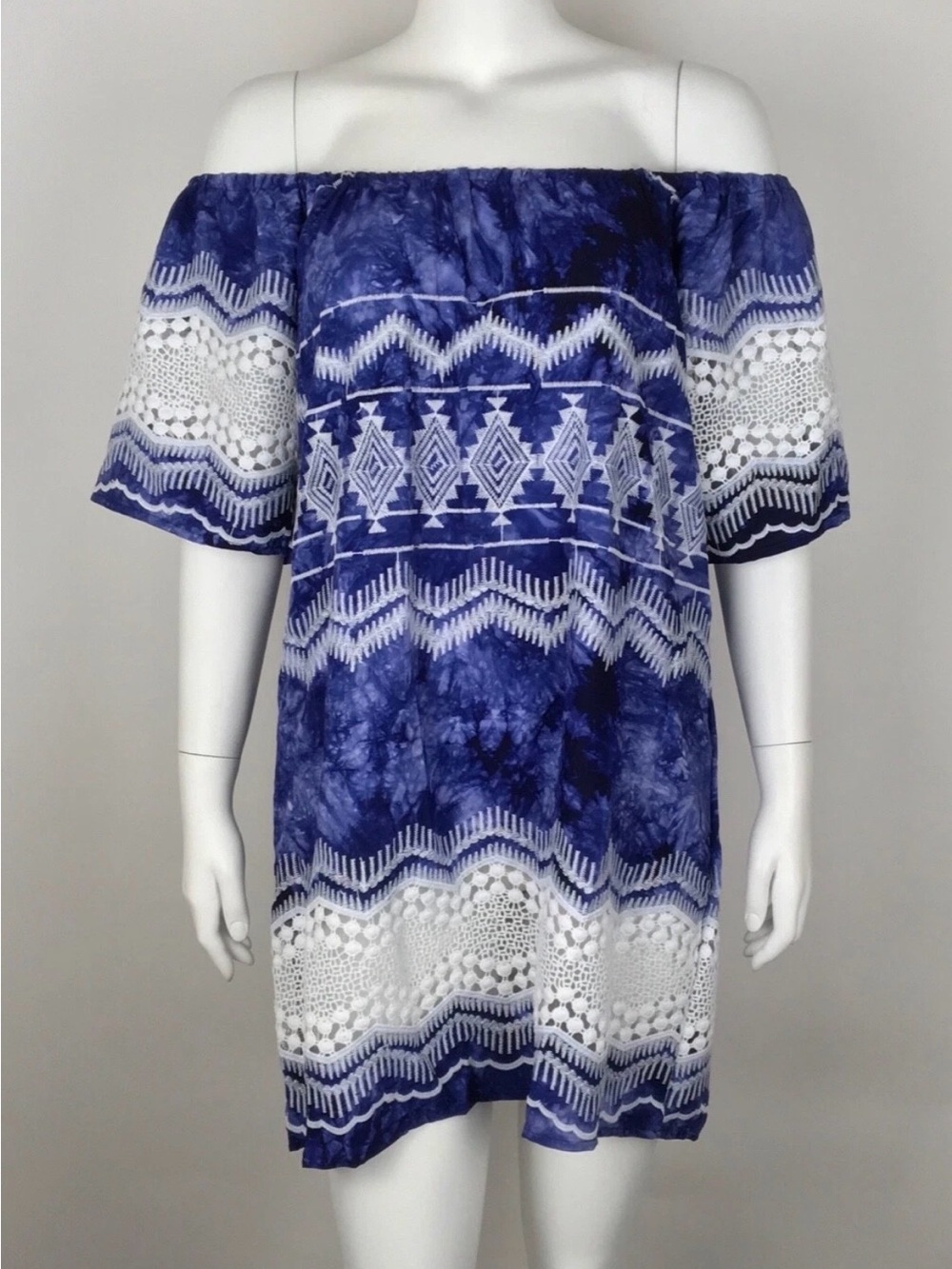 La Blanca Blue Tie-Dye Off-Shoulder Crochet Trim Dress/cover-up - Picture 2 of 5